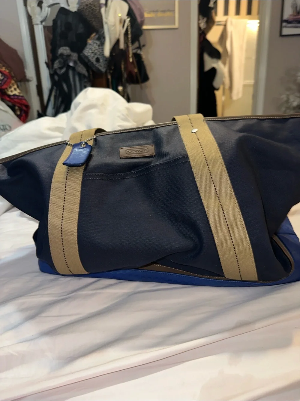 Coach heritage weekender canvas blue bag with tan straps blue signature bottom